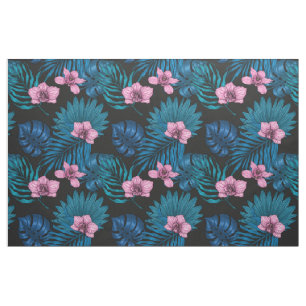 Orchids and palm leaves, pink and blue on black fabric