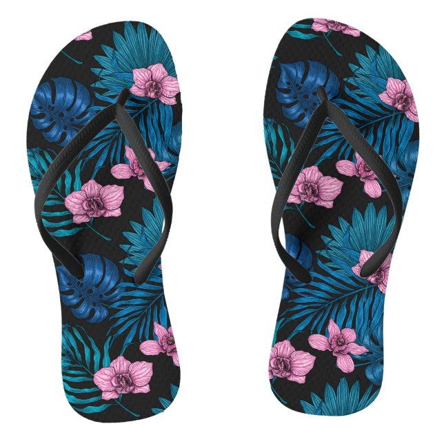 Orchids and palm leaves, pink and blue on black flip flops (Footbed)