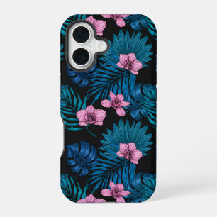 Orchids and palm leaves, pink and blue on black iPhone 16 case