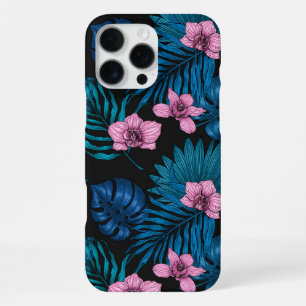 Orchids and palm leaves, pink and blue on black iPhone 16 pro max case