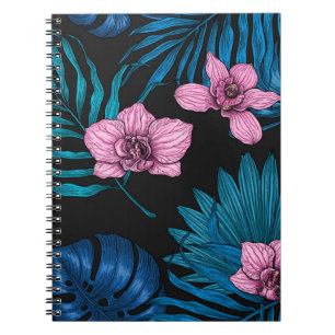 Orchids and palm leaves, pink and blue on black notebook