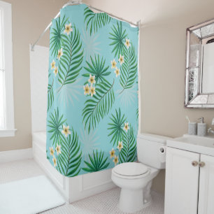 Orchids and palm leaves, pink and blue on black shower curtain