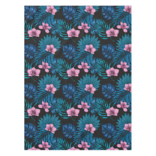 Orchids and palm leaves, pink and blue on black tablecloth