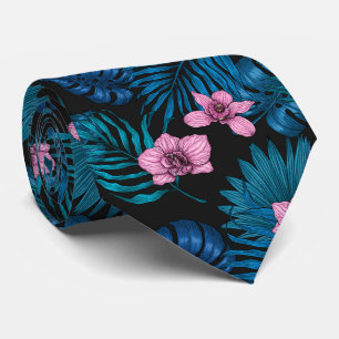 Orchids and palm leaves, pink and blue on black tie