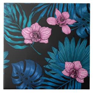 Orchids and palm leaves, pink and blue on black tile