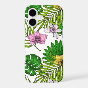 Orchids and palm leaves, pink, yellow, green and w