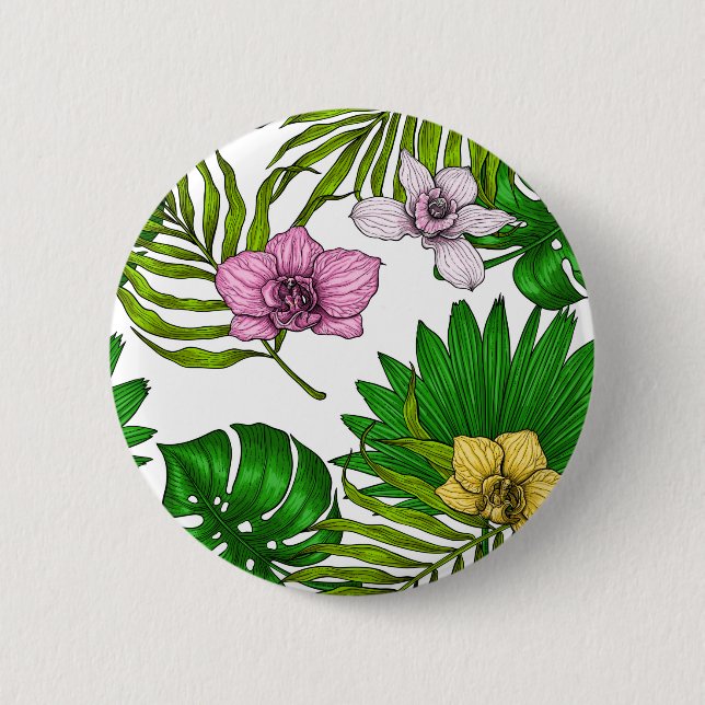 Orchids and palm leaves, pink, yellow, green and w 6 cm round badge (Front)