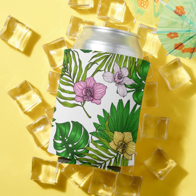 Orchids and palm leaves, pink, yellow, green and w can cooler (In Situ Summer)