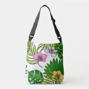 Orchids and palm leaves, pink, yellow, green and w crossbody bag