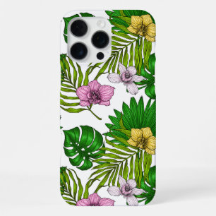 Orchids and palm leaves, pink, yellow, green and w iPhone 16 pro max case
