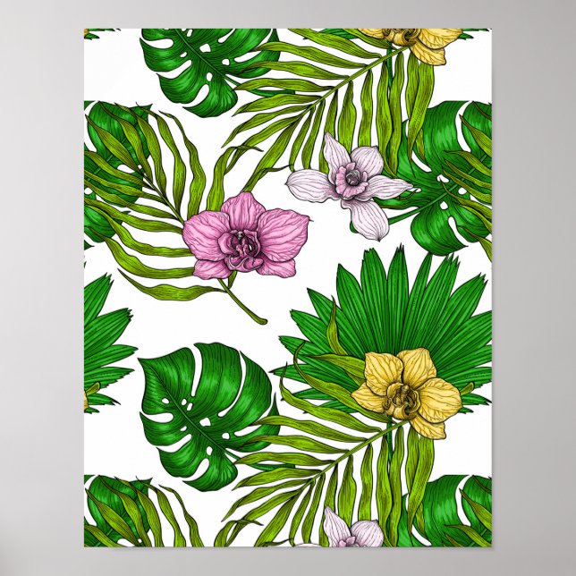 Orchids and palm leaves, pink, yellow, green and w poster (Front)