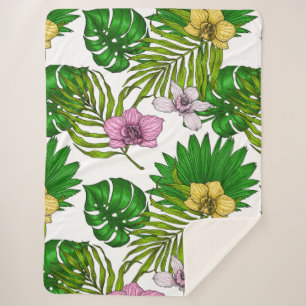 Orchids and palm leaves, pink, yellow, green and w sherpa blanket