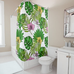 Orchids and palm leaves, pink, yellow, green and w shower curtain