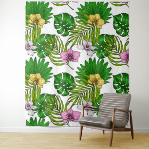 Orchids and palm leaves, pink, yellow, green and w tapestry