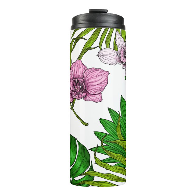 Orchids and palm leaves, pink, yellow, green and w thermal tumbler (Front)