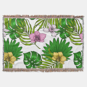 Orchids and palm leaves, pink, yellow, green and w throw blanket