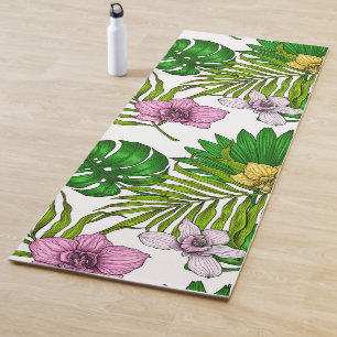 Orchids and palm leaves, pink, yellow, green and w yoga mat
