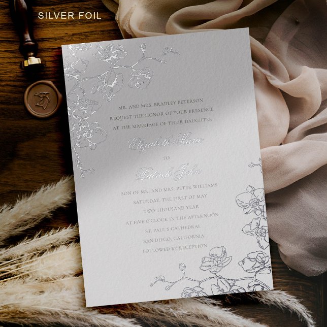 Orchids Bliss Ivory Formal Traditional Wedding (orchids wedding invitation formal traditional modern classic art ink sketch ivory calligraphy FOIL)