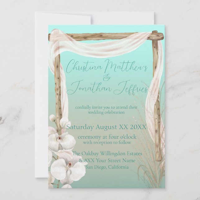 Orchids & Boho Arch on the Beach Wedding Invitation (Front)