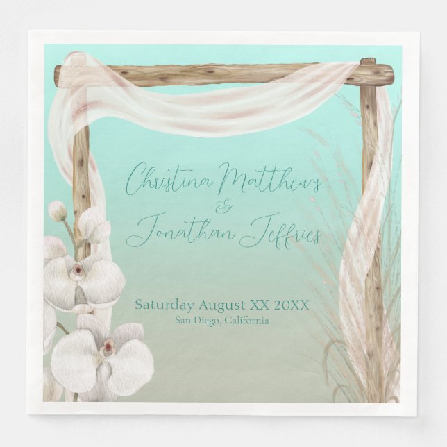 Orchids & Boho Arch on the Beach Wedding Napkin (Front)