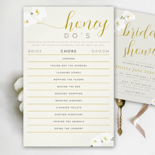 Orchids Bridal Shower Game Honey Do List Ecru Chic Flyer (bridal shower game honey do list bride or groom orchids ecru ivory gold calligraphy)
