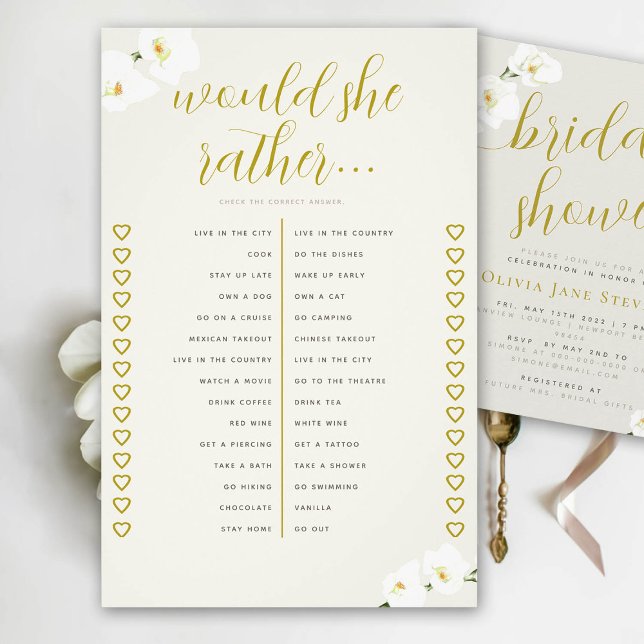 Orchids Bridal Shower Game Would She Rather Ivory Flyer (bridal shower game would she rather orchids ecru ivory gold calligraphy)