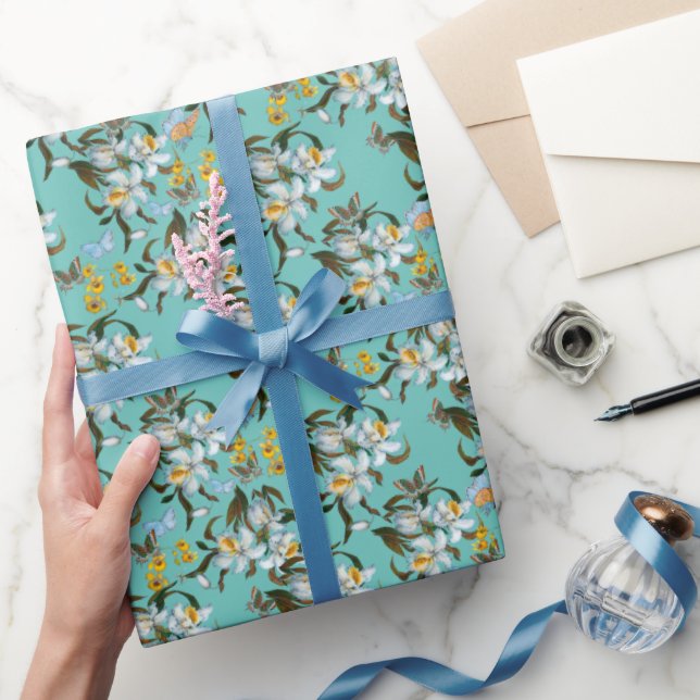 Orchids Butterflies Teal Botanical All Occasion Wrapping Paper (Gifting)