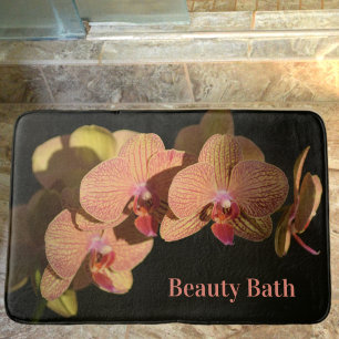 Orchids Coral Pink Photographic Floral Black Bath Mat