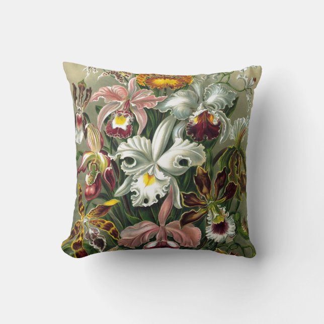 ORCHIDS: ERNST HAECKEL RETRO FLORAL PATTERN CUSHION (Front)