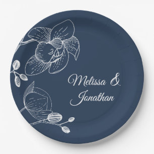Orchids floral modern blue elegant wedding paper plate
