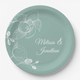 Orchids floral modern green elegant wedding paper plate