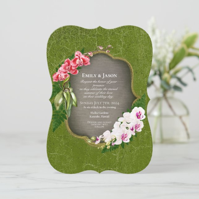 Orchids - mossy green romantic wedding invitation (Standing Front)