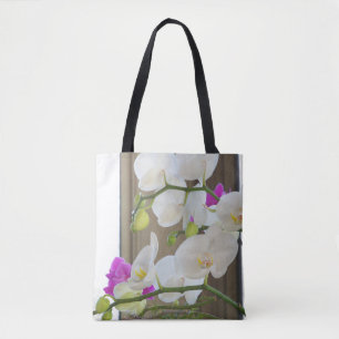 Orchids on an all over printed tote bag