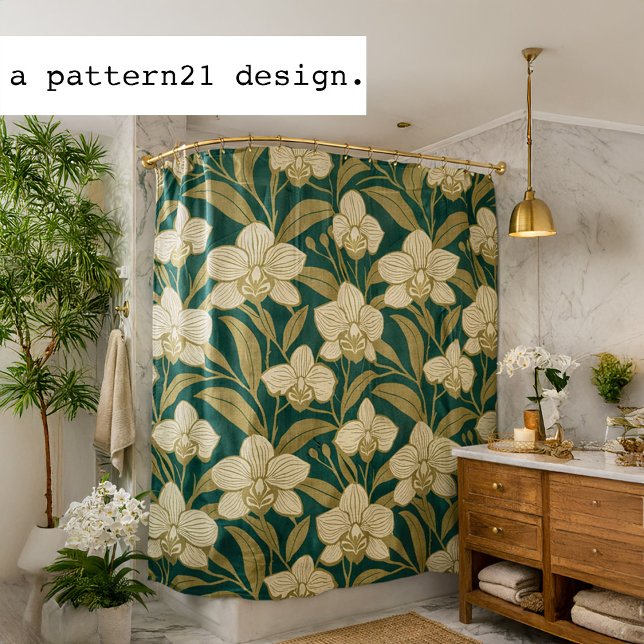 Orchids on emerald green pattern shower curtain (Creator Uploaded)