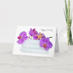 orchids on white towels with starfish Name Day Card