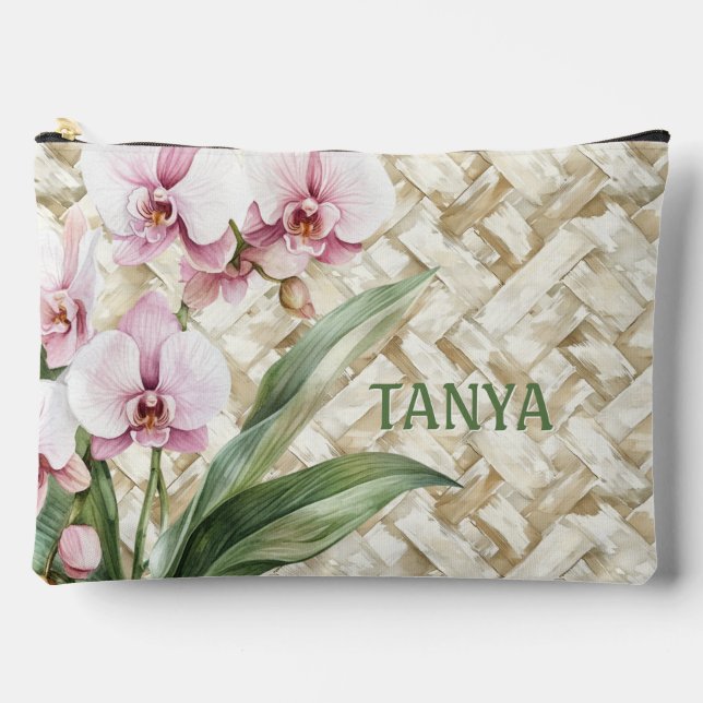 Orchids on Woven Pattern | Make up Accessory Pouch (Front)