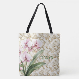 Orchids on Woven Pattern   Personalised Tote Bag