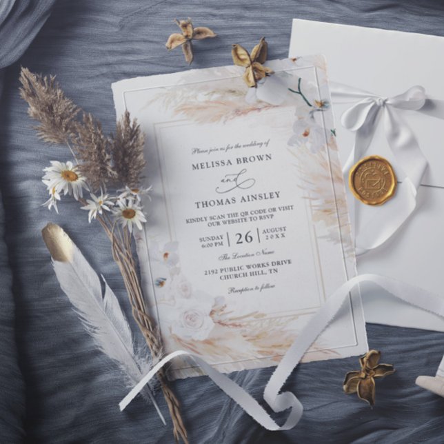 Orchids Pampas Grass Budget QR Code Wedding Invitation (Creator Uploaded)