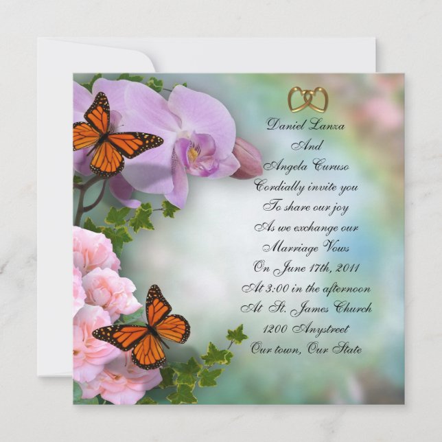 Orchids, roses and butterflies Wedding Invitation (Front)