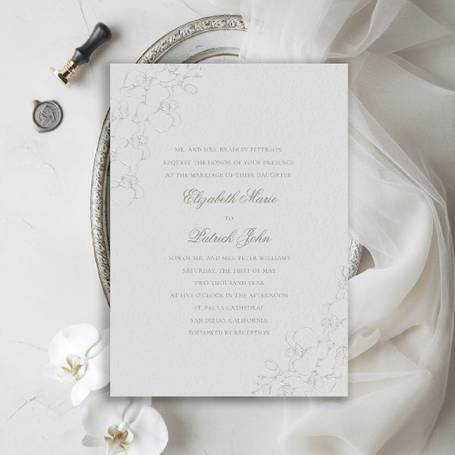 Orchids Silky Ivory Formal Traditional Wedding Invitation (orchids wedding invitation formal traditional modern classic double frame ivory faux embossed silky)