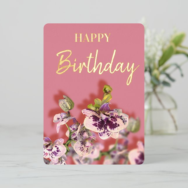 Orchids Tropical  Floral Happy Birthday Real Gold  Foil Holiday Card (Standing Front)