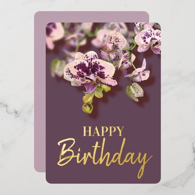 Orchids Tropical  Floral Happy Birthday Real Gold  Foil Holiday Card (Front/Back)