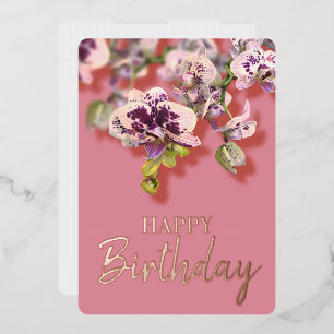 Orchids Tropical  Floral Happy Birthday Real Gold  Foil Holiday Card