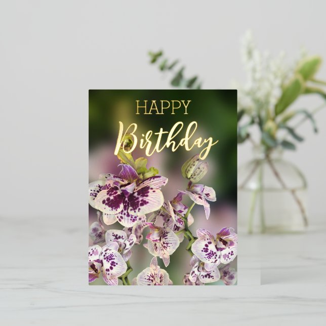 Orchids Tropical Floral Happy Birthday Real Gold   Foil Holiday Postcard (Standing Front)