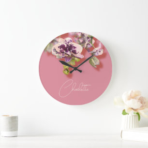 Orchids Tropical Flowers Custom Name      Large Clock