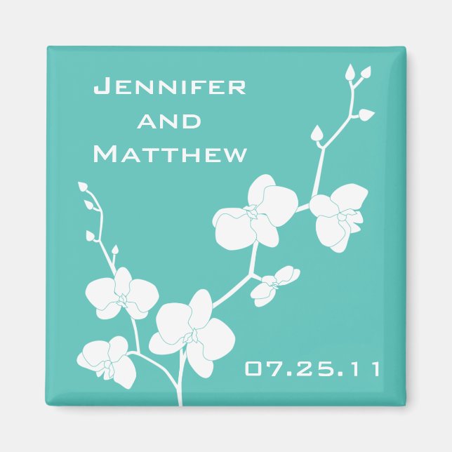 Orchids Wedding Magnet - Turquoise Blue and White (Front)