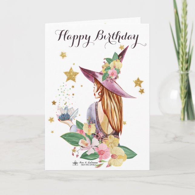 Orchids Witch and Stars Happy Birthday Card (Front)