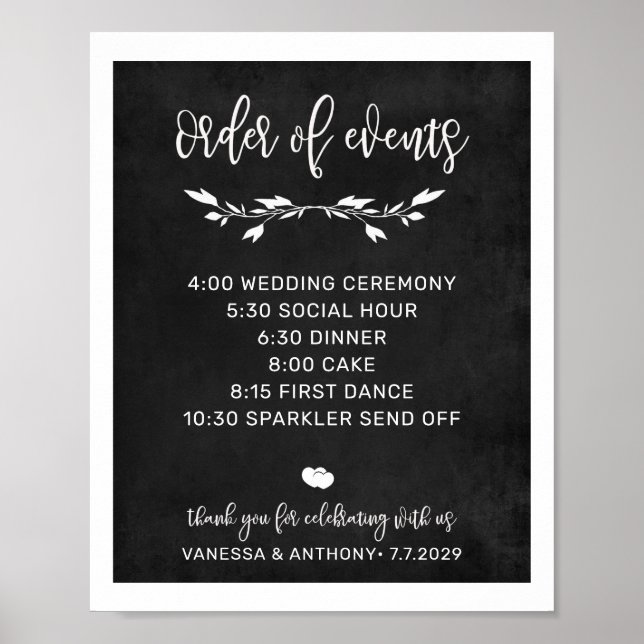 Order of events Chalk wedding sign poster (Front)