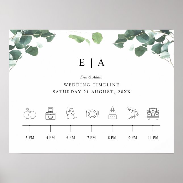 Order of Events Timeline Greenery Wedding Sign (Front)