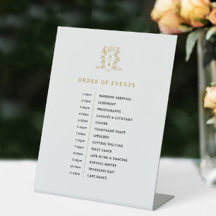 Order of events white gold crown monogram wedding pedestal sign